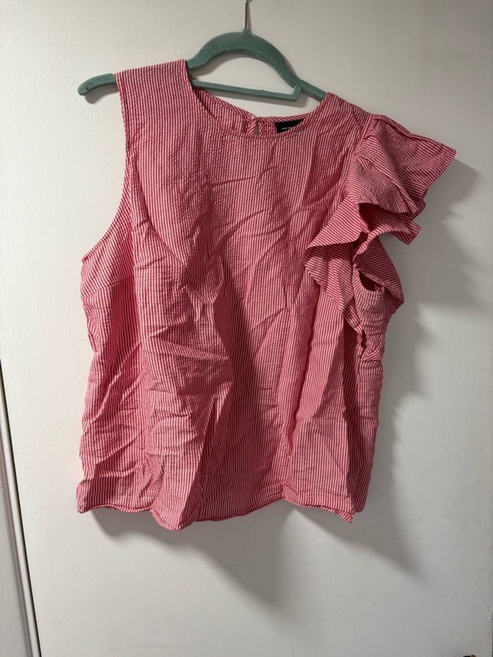 Who What Wear Red and White Striped Ruffle One-Shoulder Top